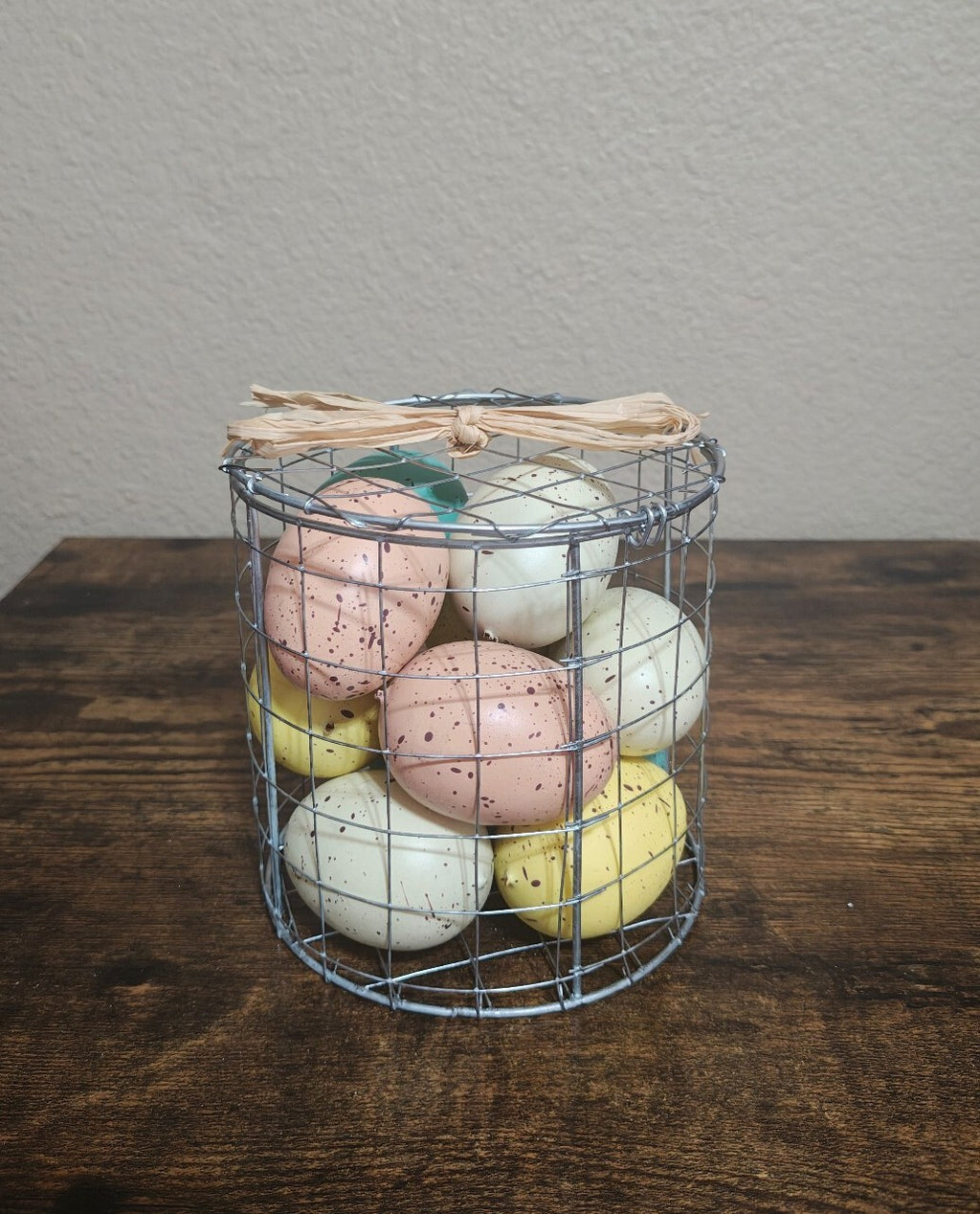 Spring Decorative Easter Eggs In Wire Basket
