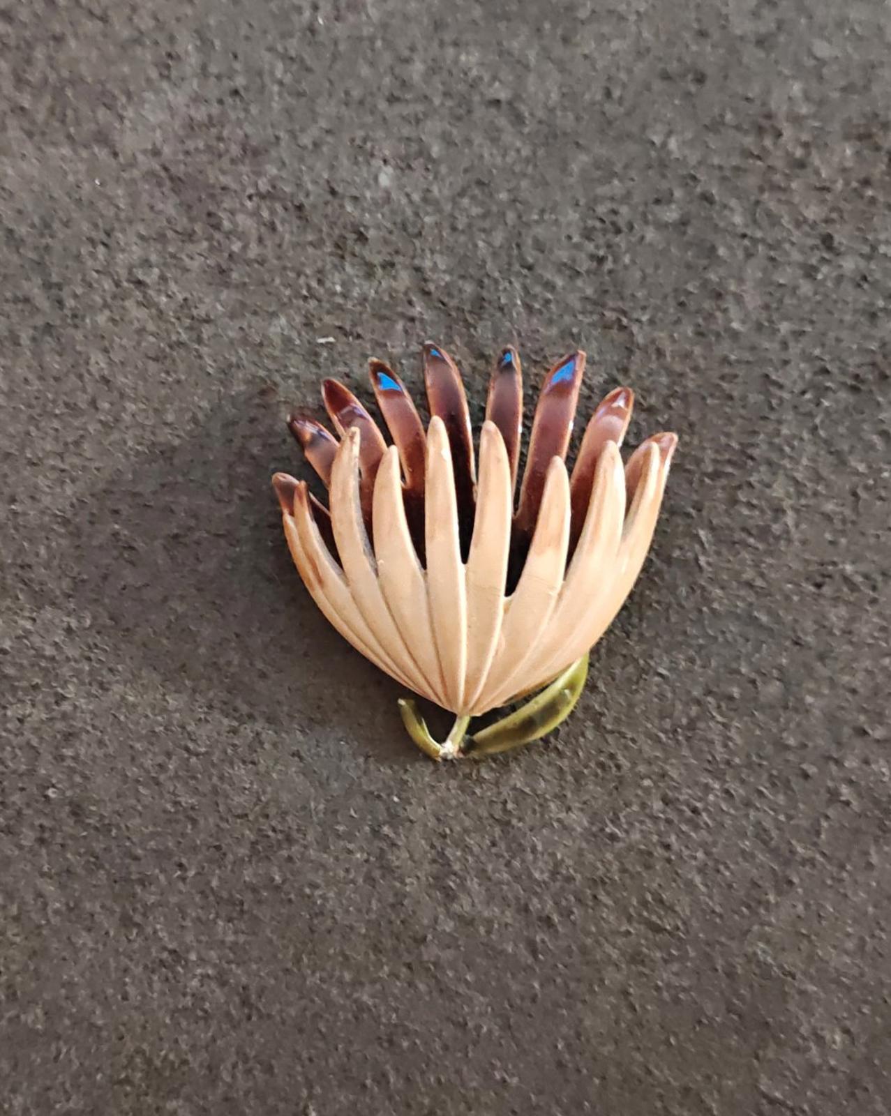 1970s Brown Beige Floral Enamel Brooch