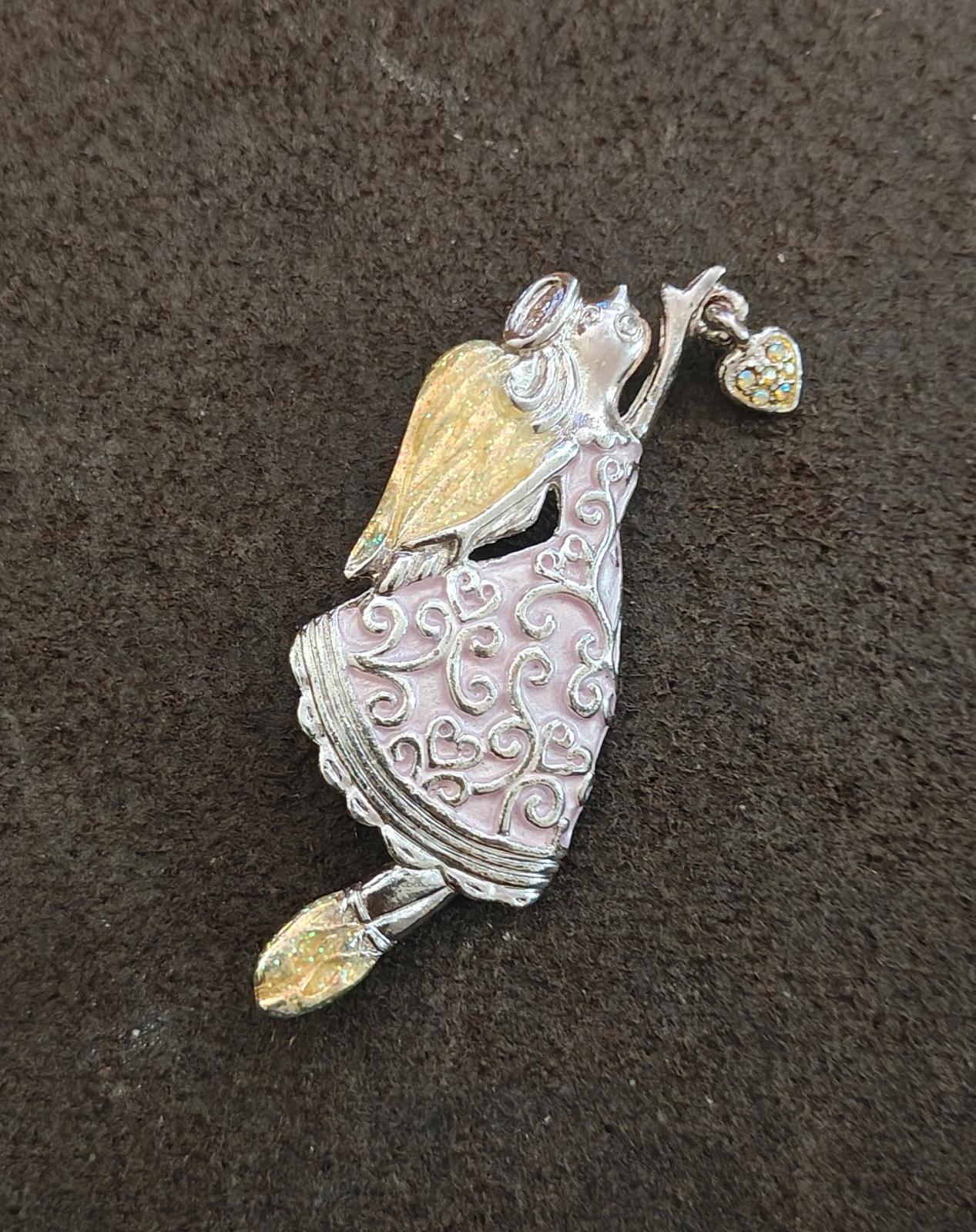 1980s Vintage Signed AAI Silver Tone Enamel Angel Brooch Pin
