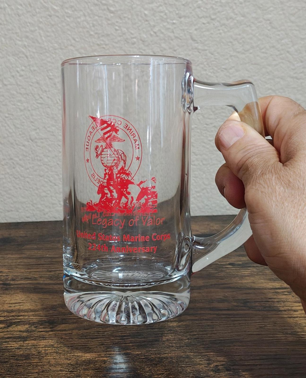Clear glass beer mug with handle, red Marine emblem and 'Legacy of Valor' design