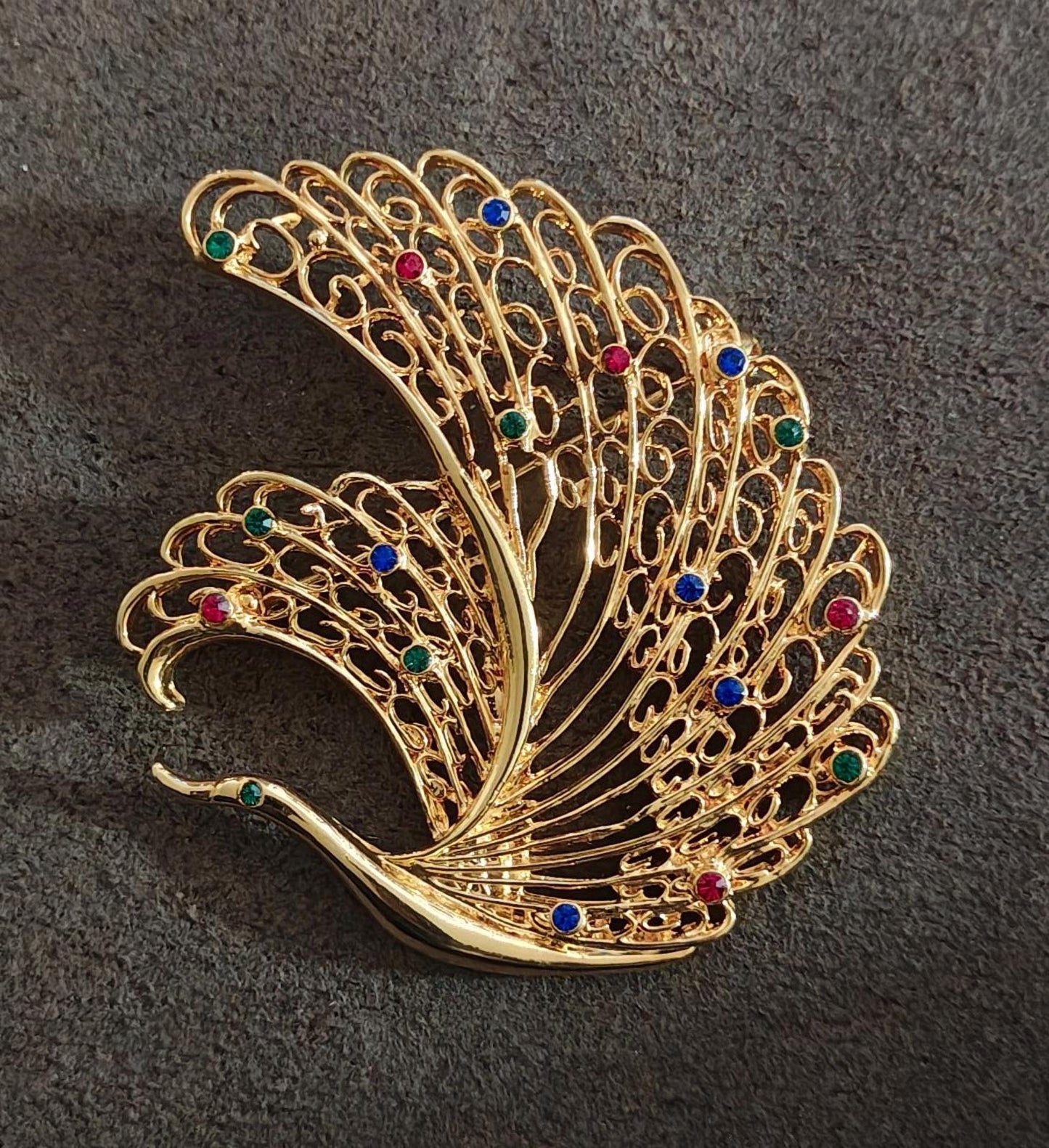 1990's Vintage Large Peacock/Swan Gold Tone Red Blue Green Crystals Brooch Pin