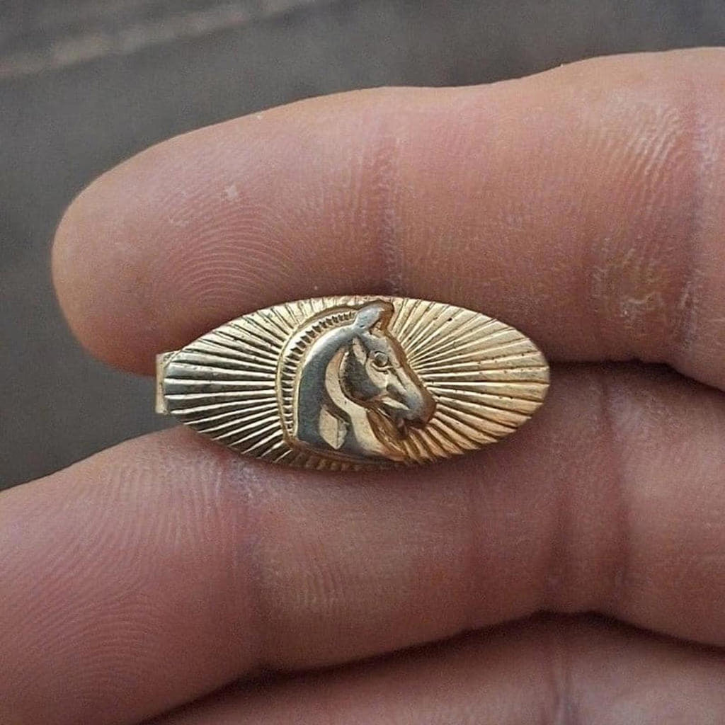 Gold-tone oval tie bar clip featuring a centered horse profile in a ray texture frame