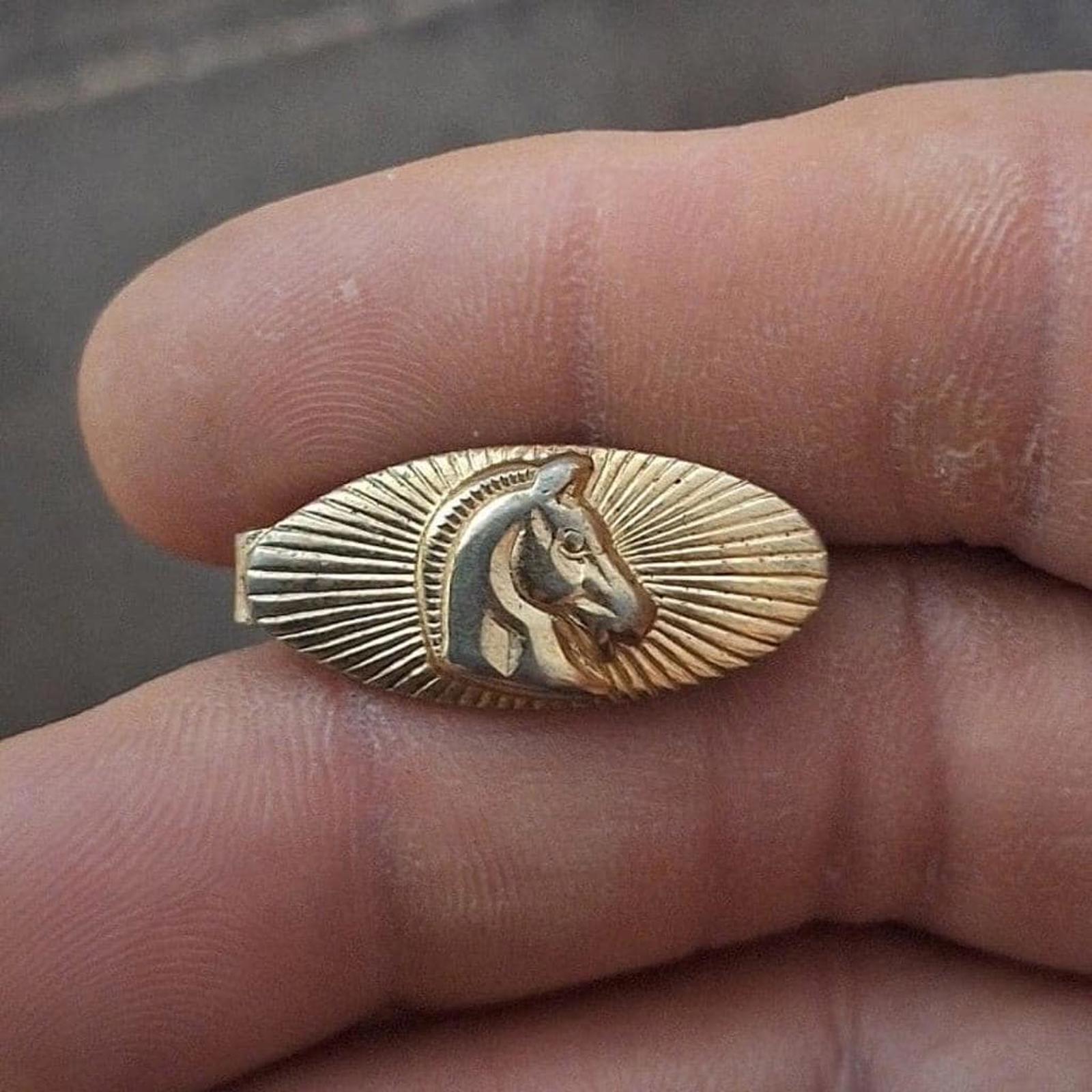 Gold-tone oval tie bar clip featuring a centered horse profile in a ray texture frame