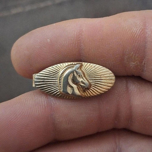 Gold-tone oval tie bar clip featuring a centered horse profile in a ray texture frame
