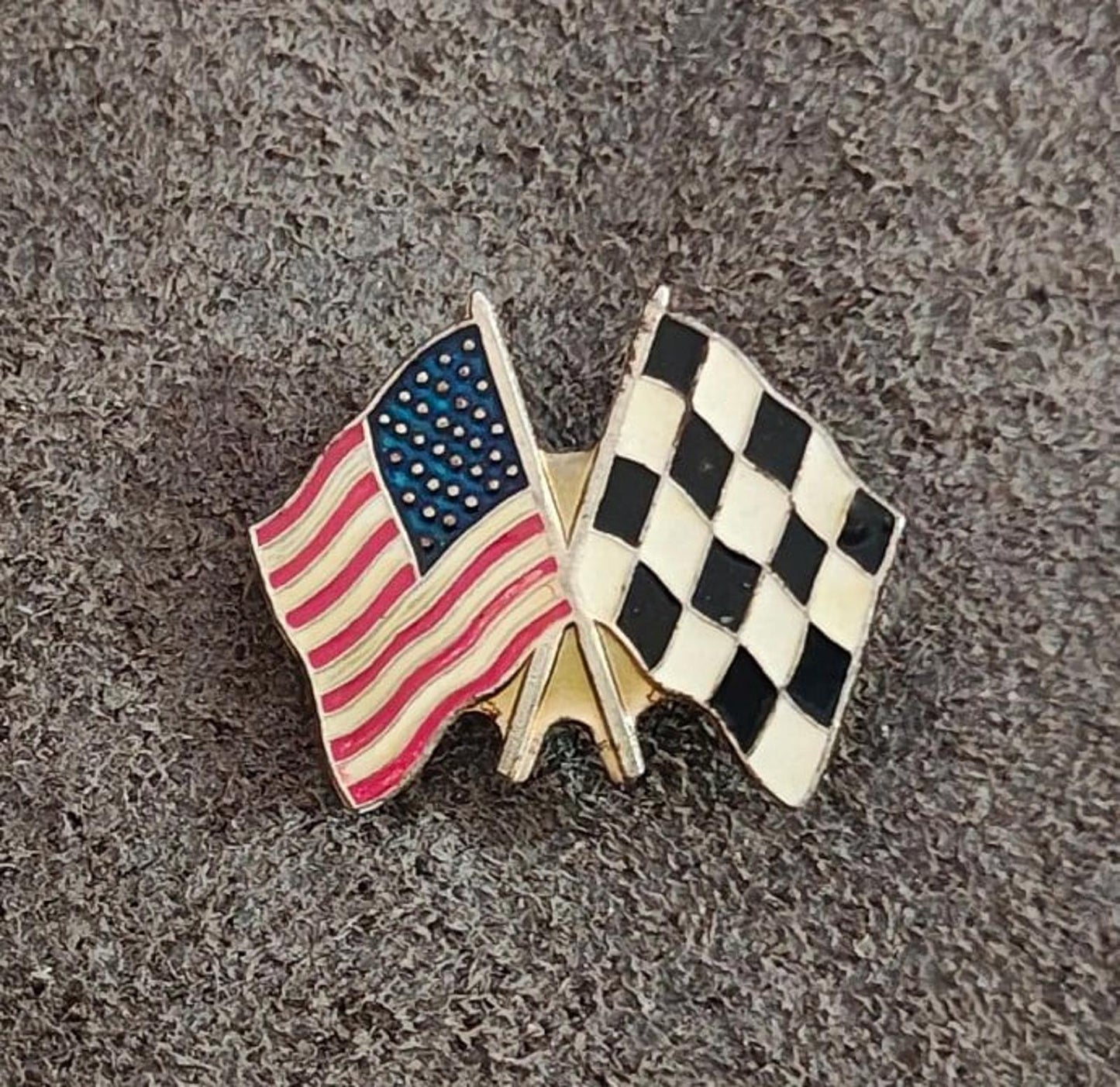 1980's American Flag and Checkered Flag Gold Tone Pin