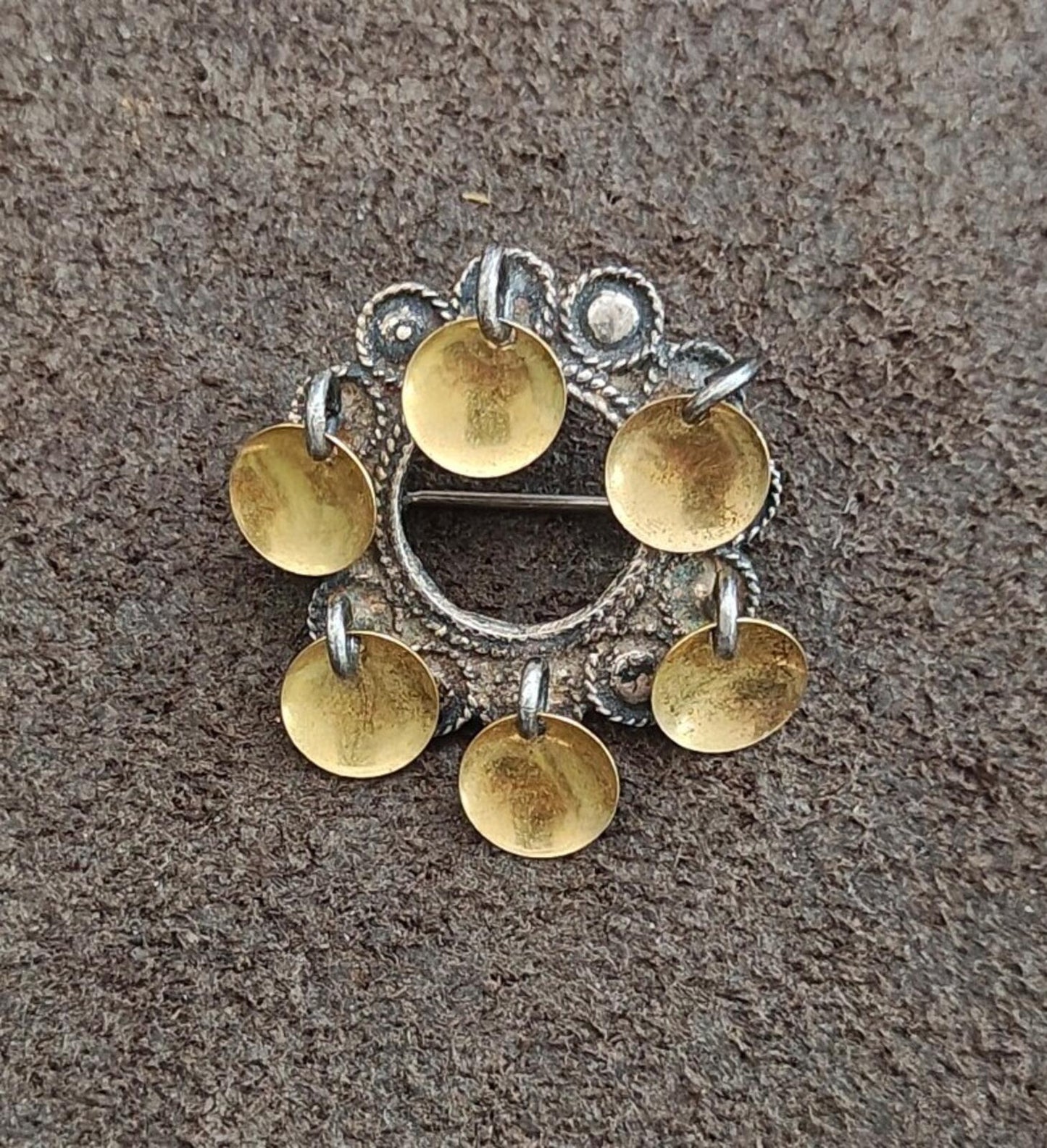 40s Sterling Silver Filigree Norwegian Sølje Brooch With Dangling Gilded Discs