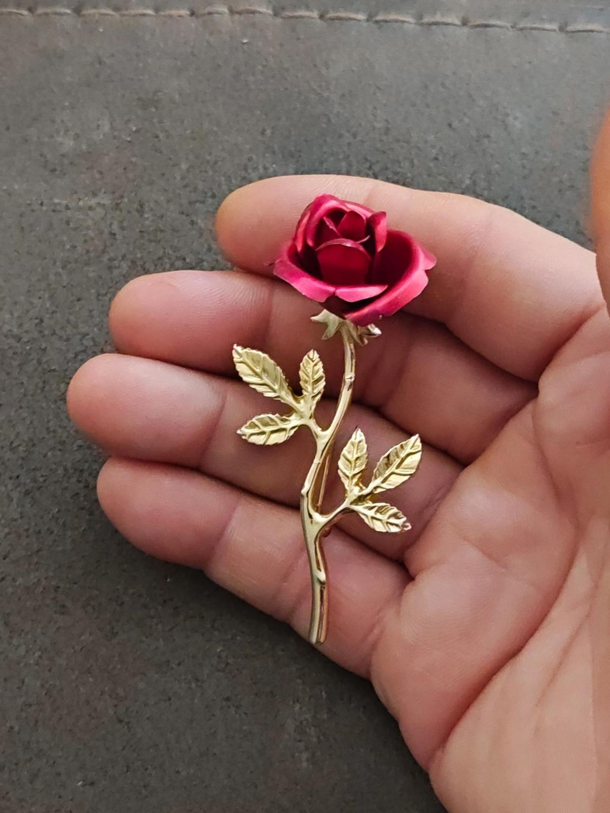 1980s Gold Tone Long Stem Textured Red Rose Brooch