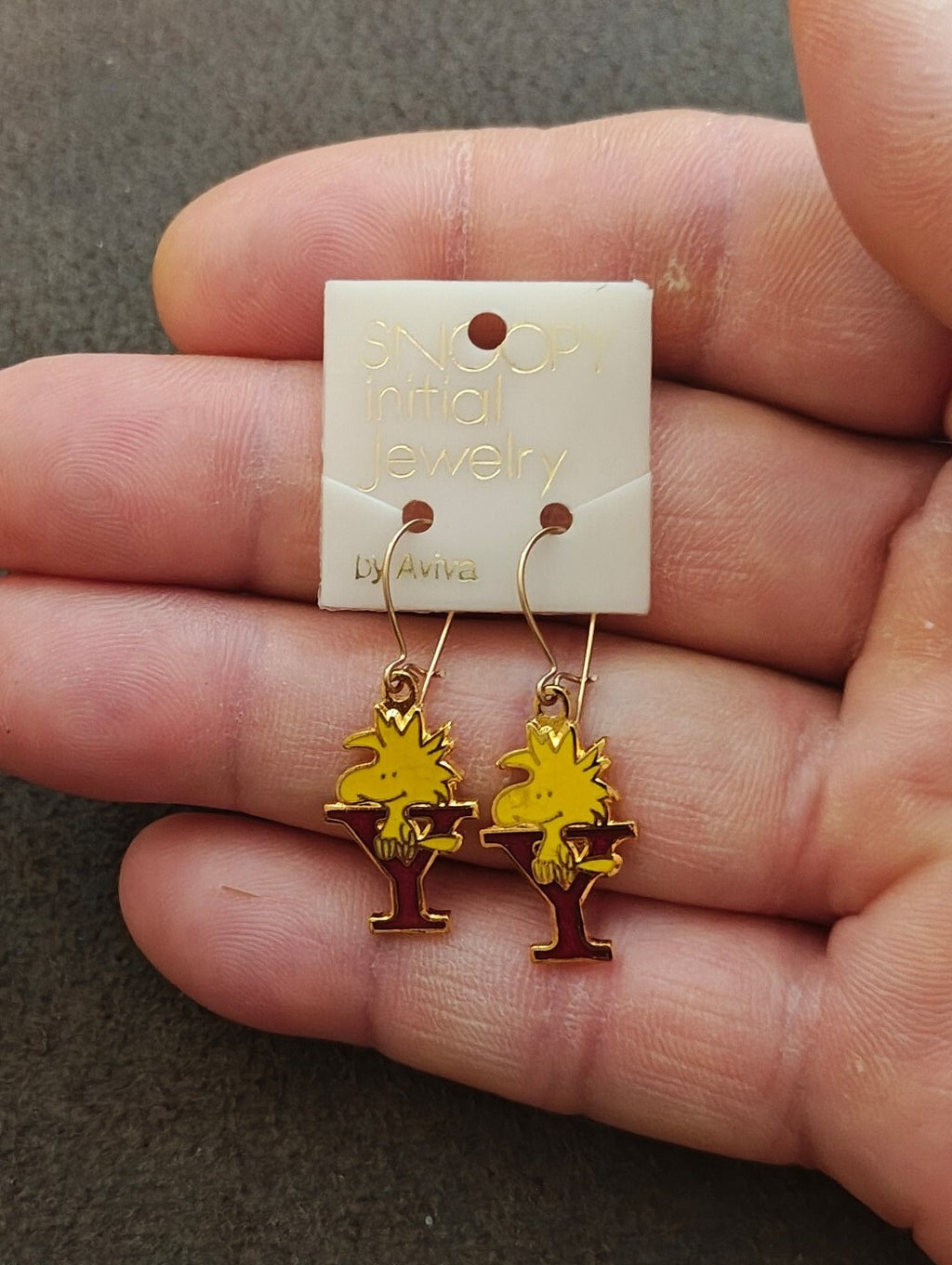 70s Peanuts Woodstock Initial "Y" Gold Tone Cloisonné Enamel Dangle Earrings New