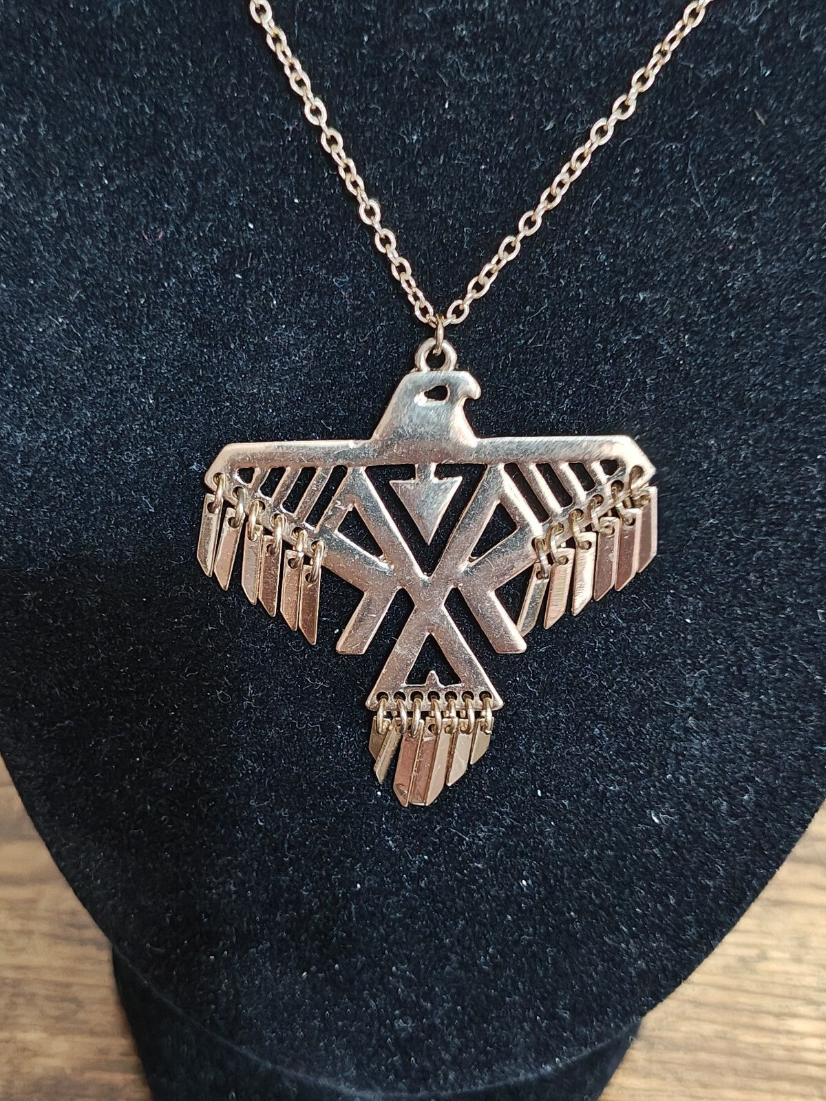 1980s Native American Inspired Geometric Thunderbird Gold Tone Pendant Necklace