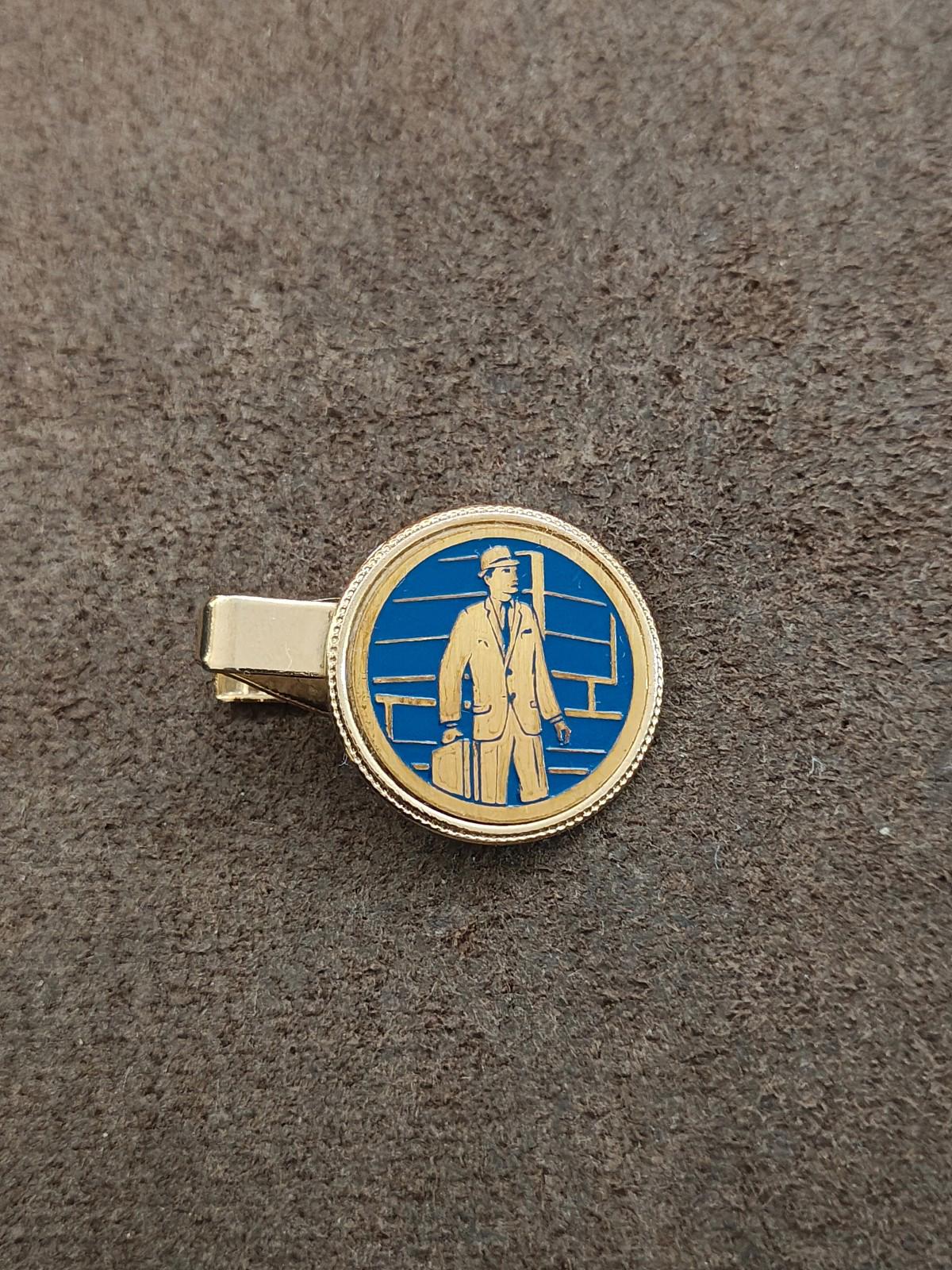 1950s/60s Rare Gold Tone Blue Enamel Man In a Suit Holding a Suitcase Tie Clip