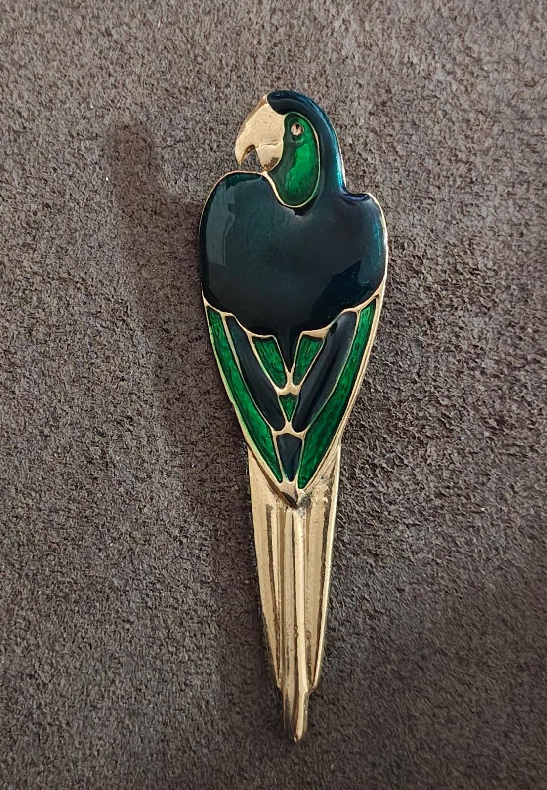 1990's Vintage Gold Tone Blue Green Enamel Parrot Brooch Pin