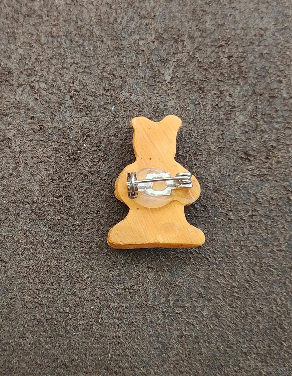 Wooden cat brooch back with metal pin clasp on the fastening