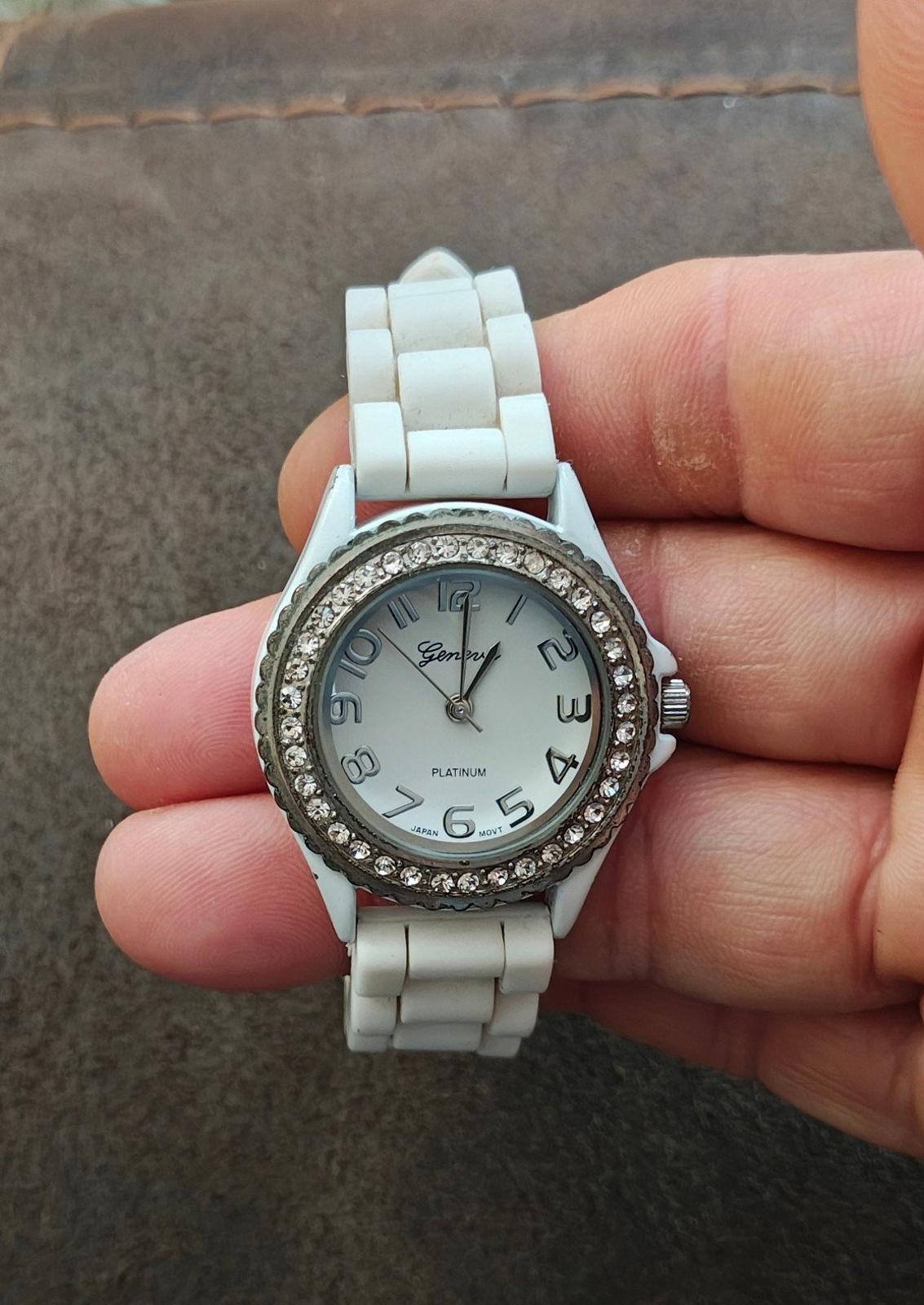 Geneva Platinum White Dial Rhinestone Encrusted White Silicone Band Ladies Watch