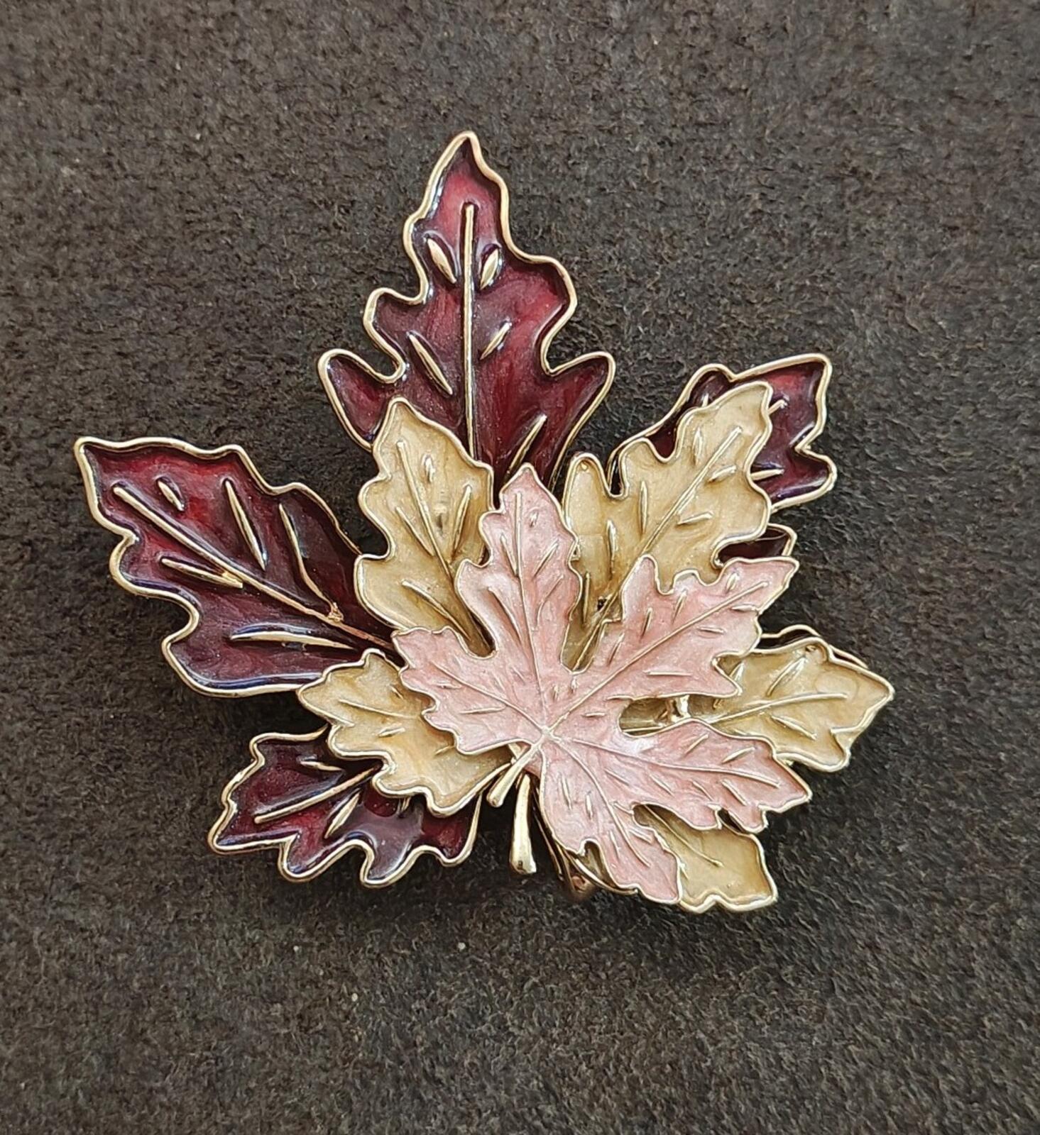 Tri Layered Gold Tone Multi Colored Handpainted Enamel Maple Leaf Brooch