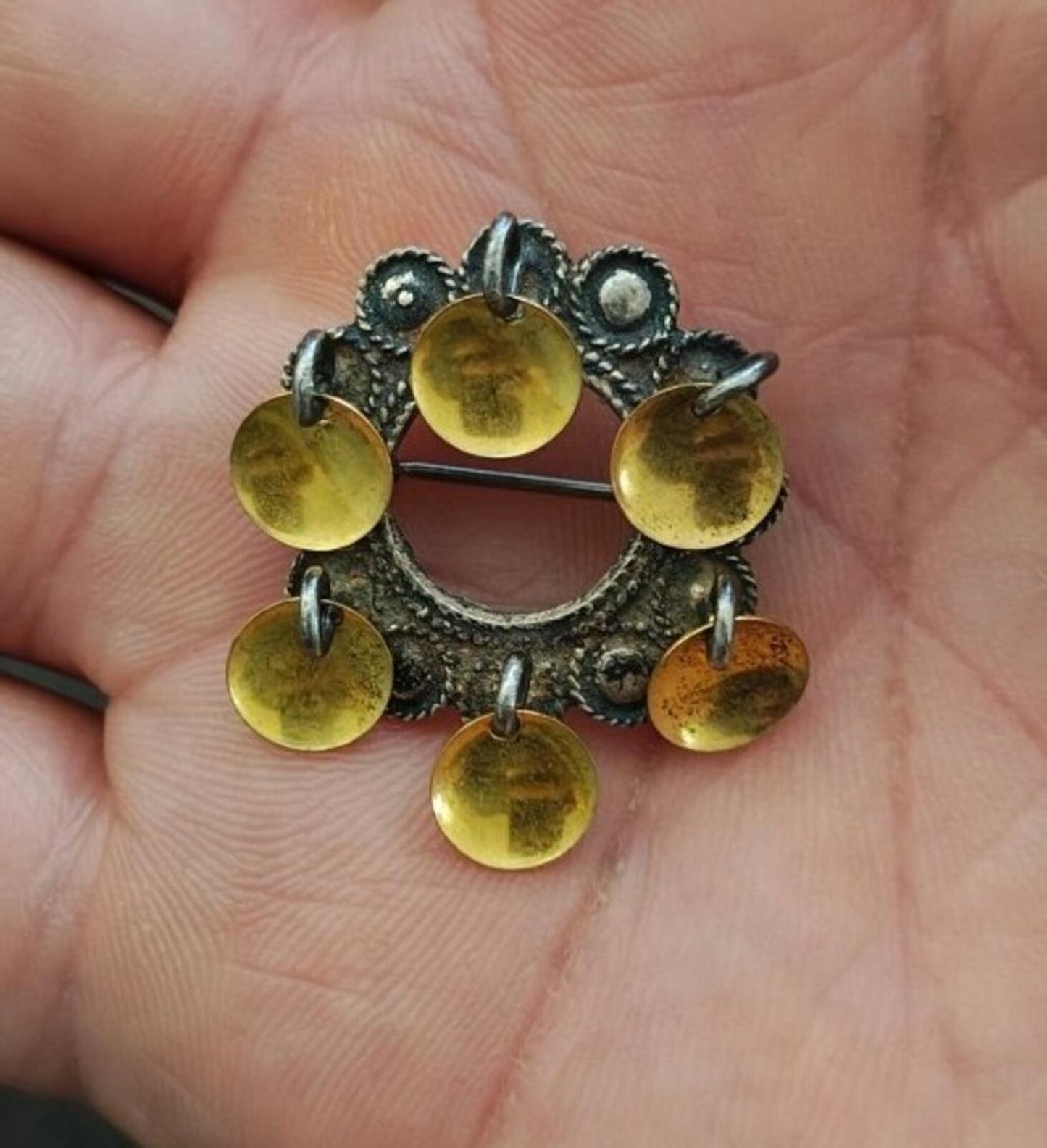 40s Sterling Silver Filigree Norwegian Sølje Brooch With Dangling Gilded Discs
