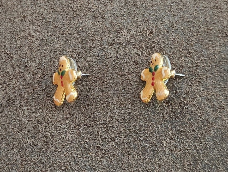 Handpainted Gingerbread Man Gold Tone Stud Earrings