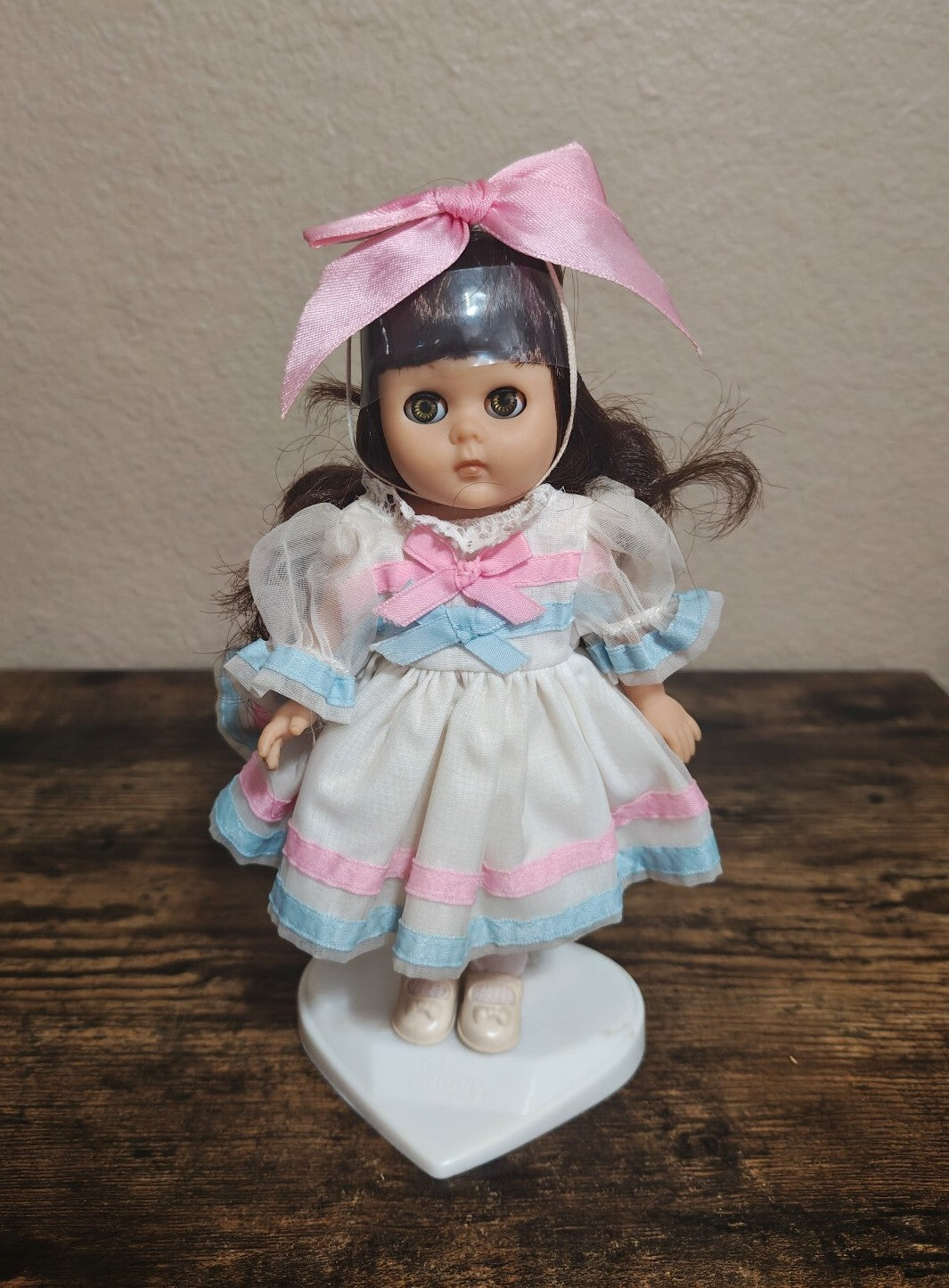 1980s Vogue Ginny Sleepy Eyes Doll in White, Pink & Blue Party Dress