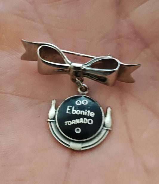 1950s Silver Tone Ebonite Tornado Bowling Ball Dangle Brooch