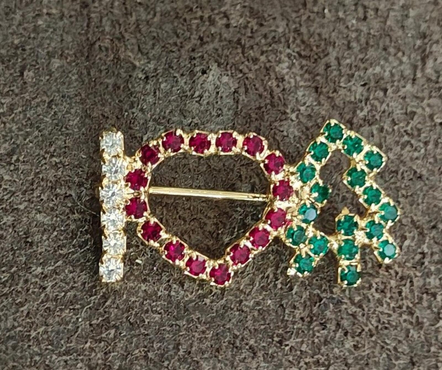 1980s "I Heart Christmas Tree" Gold Tone With Multi Colored Rhinestones Brooch