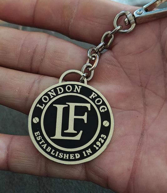 London Fog Logo Gold Tone Black Enamel Keychain/Bag Charm/Fob