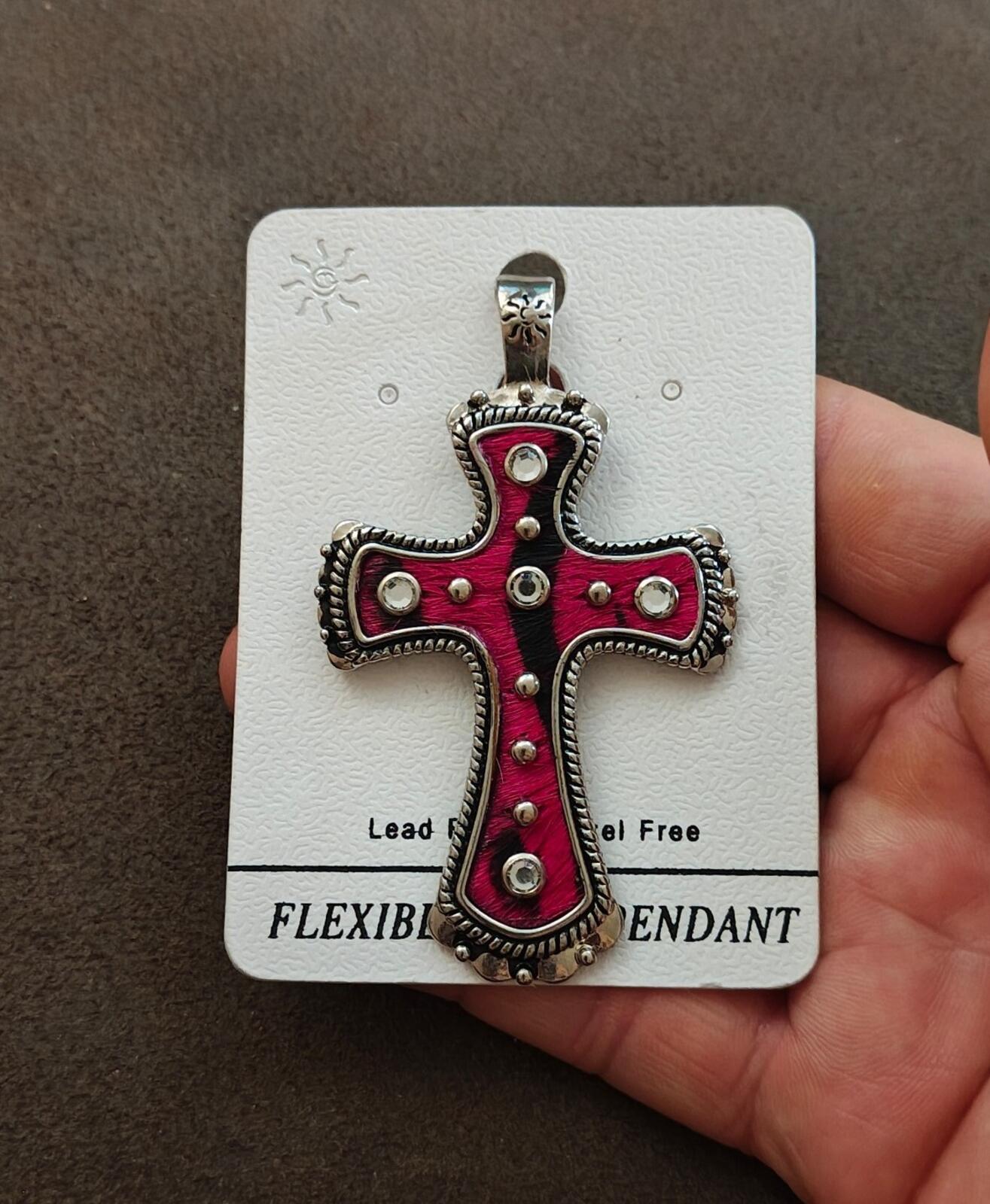 Western Style Pink Zebra Hair Inlay Cross Pendant With Rhinestones