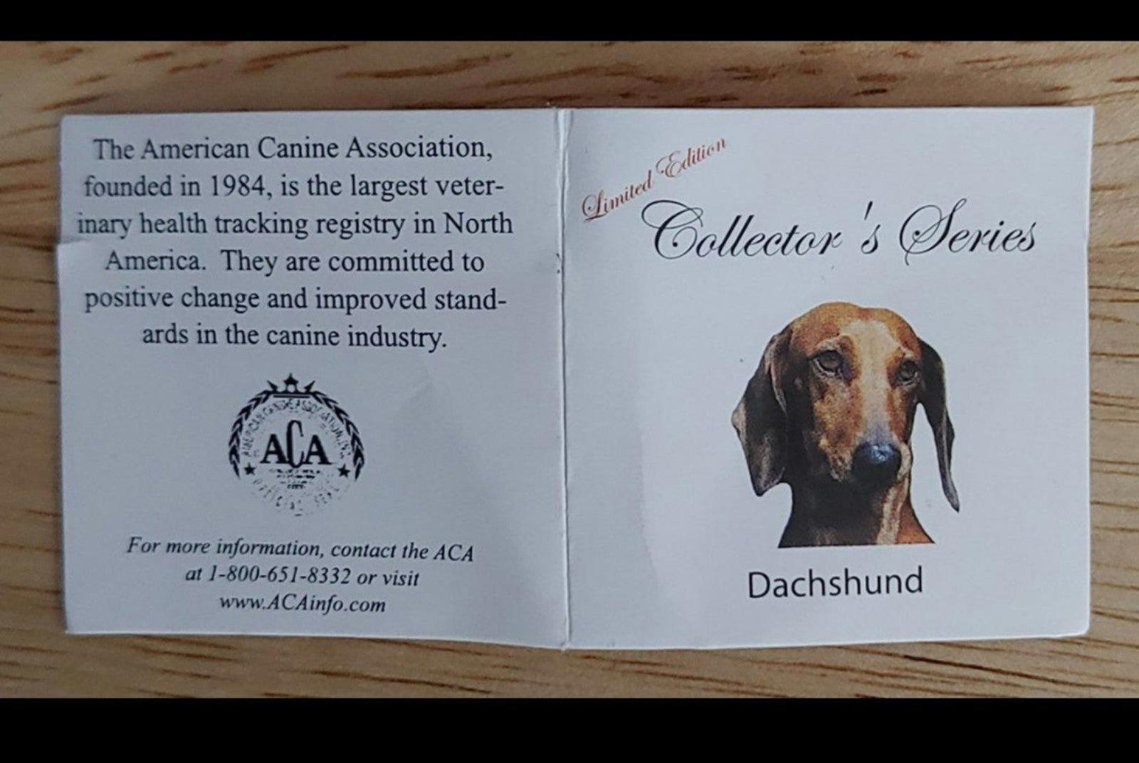 Box insert for dachshund ornament showing Collector's Series branding and dog image