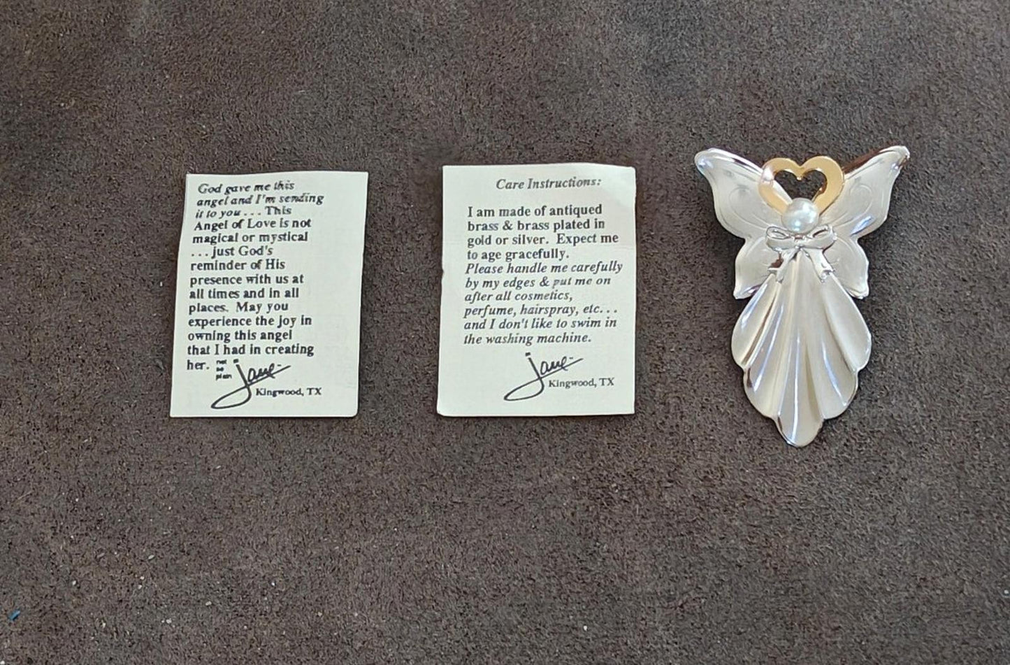 Pretty Vintage Signed Jane 1990s "Angel Of Love" Two-Tone Angel & Faux Pearl Pin