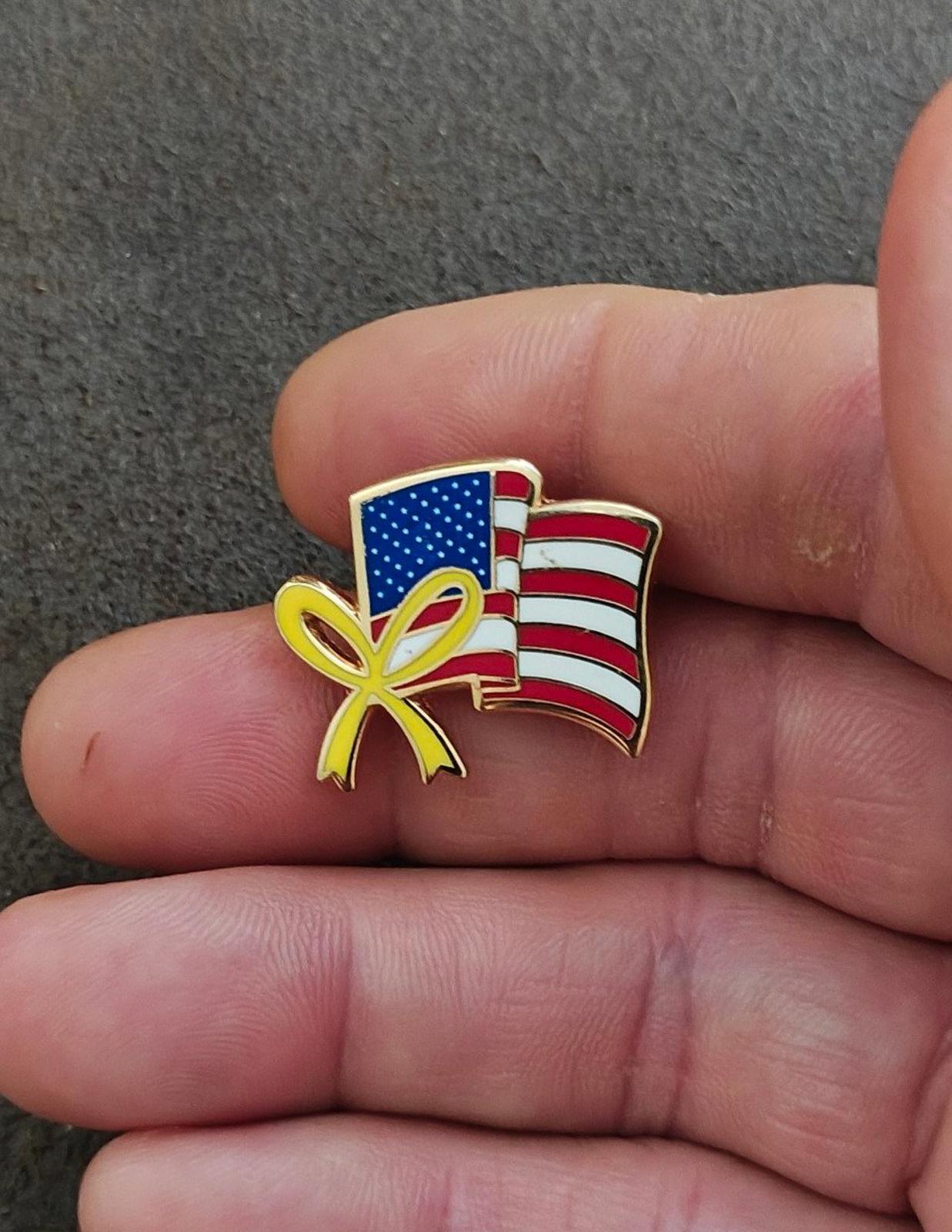 1980's Wavy American Flag With Yellow Ribbon Gold Tone Pin