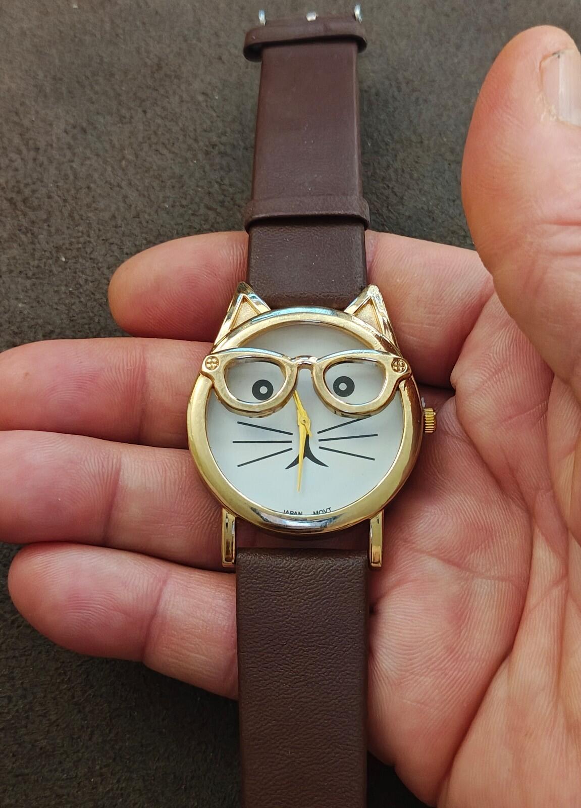 Playful Cat With Glasses &  Brown Faux Leather Band Ladies Watch