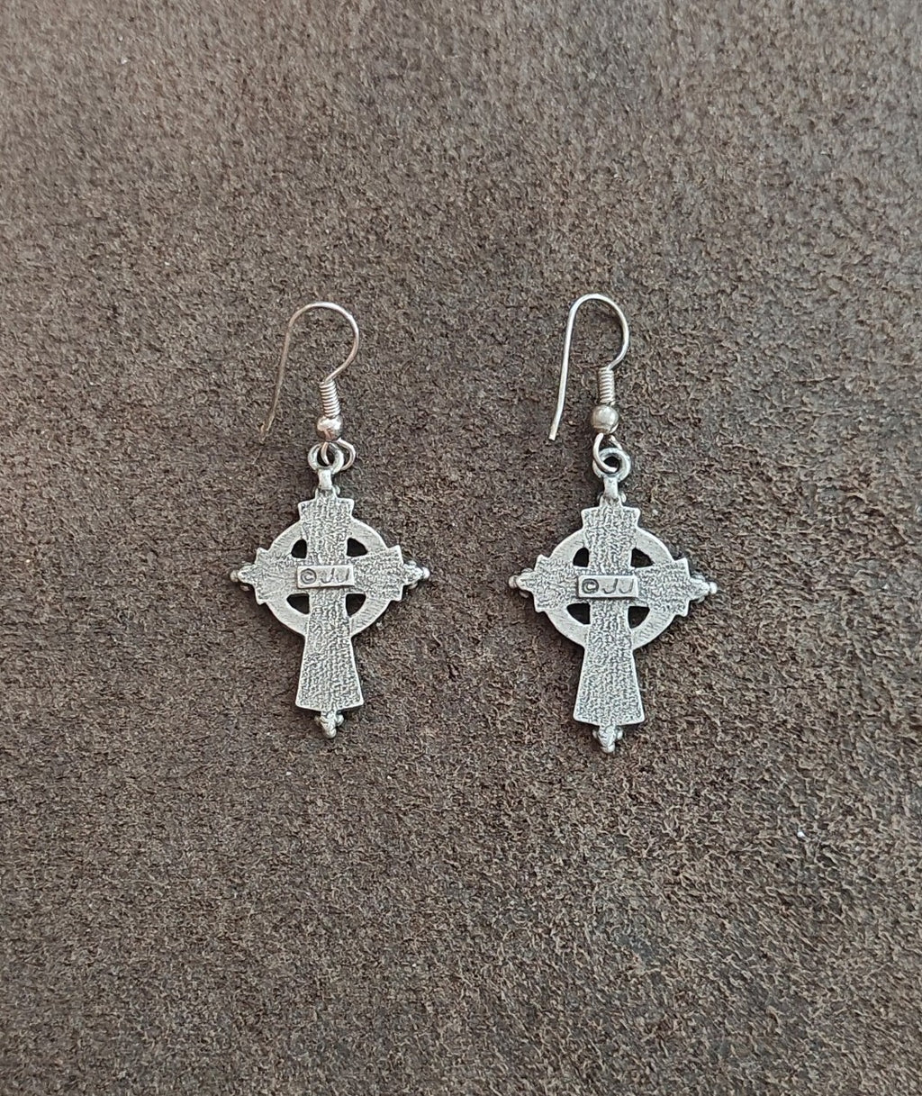 1970s/80s Signed JJ Antiqued Pewter Celtic Cross Dangle Earrings.