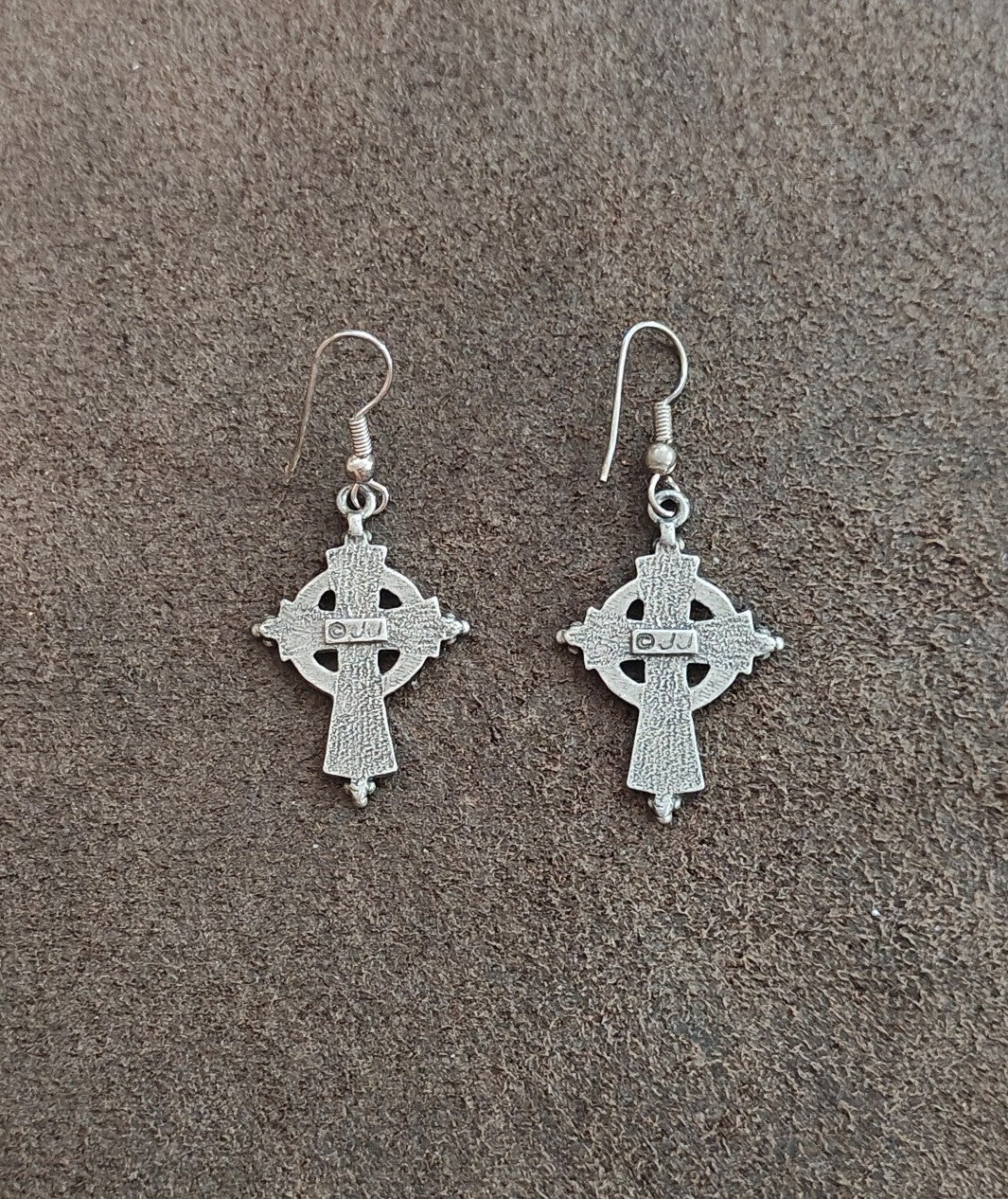 1970s/80s Signed JJ Antiqued Pewter Celtic Cross Dangle Earrings.
