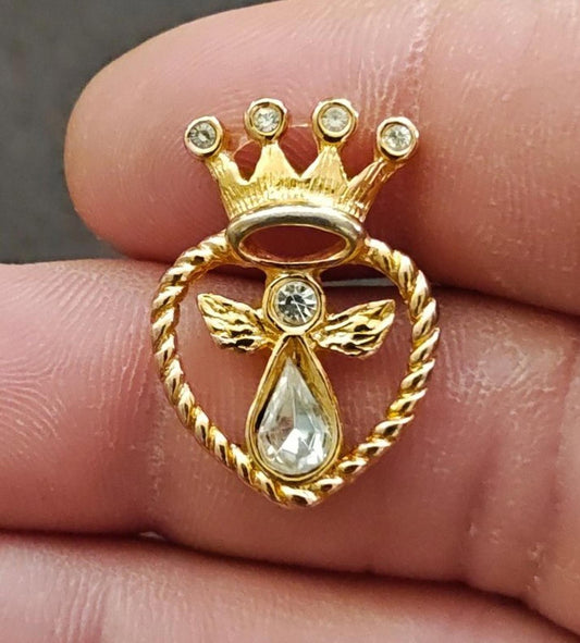 1997 Signed IMO "Angel Heart Crown" Gold Tone With Rhinestones Pin
