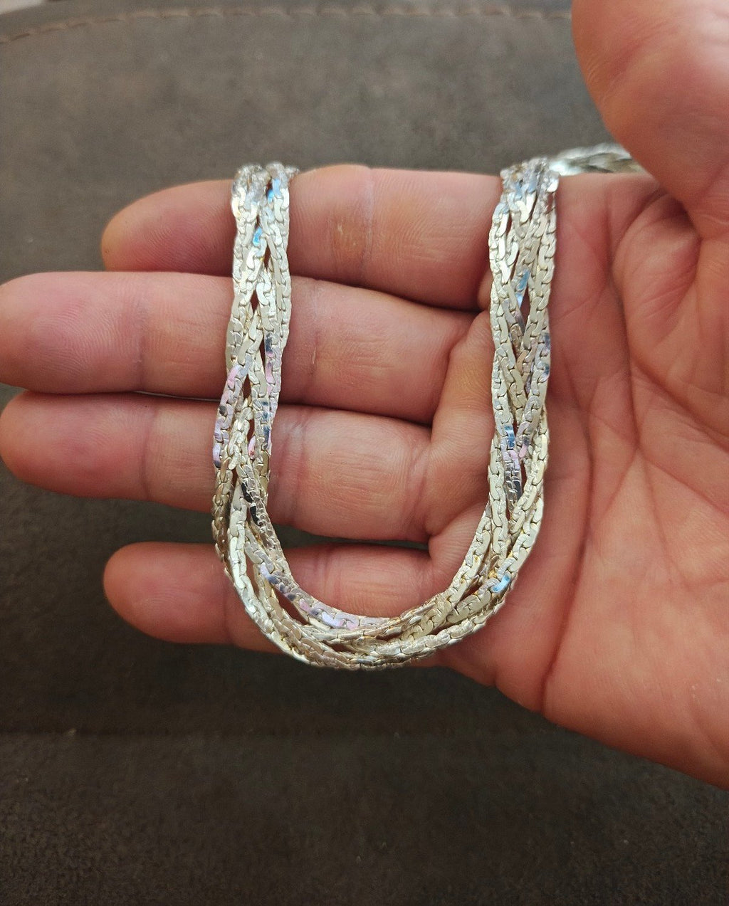 1980s Silver Tone Multi Strand Braided Herringbone Necklace