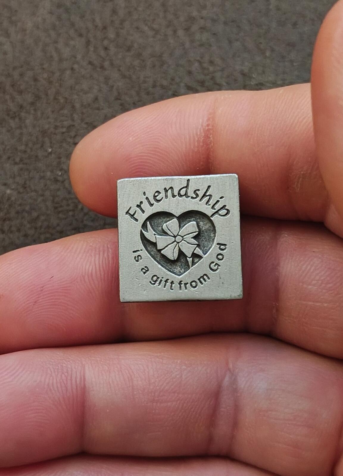 80s "Friendship is a gift from God" Pewter Pin With Engraved Heart & Ribbon