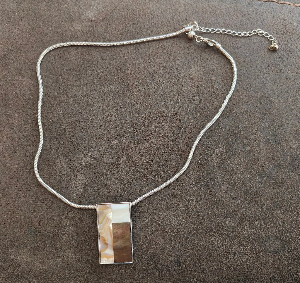 2000s Lia Sophia Mother of Pearl & Abalone Mosaic Geometric Pendant Necklace