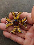 1950s/60s Gold Tone Maltese Cross Brooch & Pendant With Amber Rhinestones.