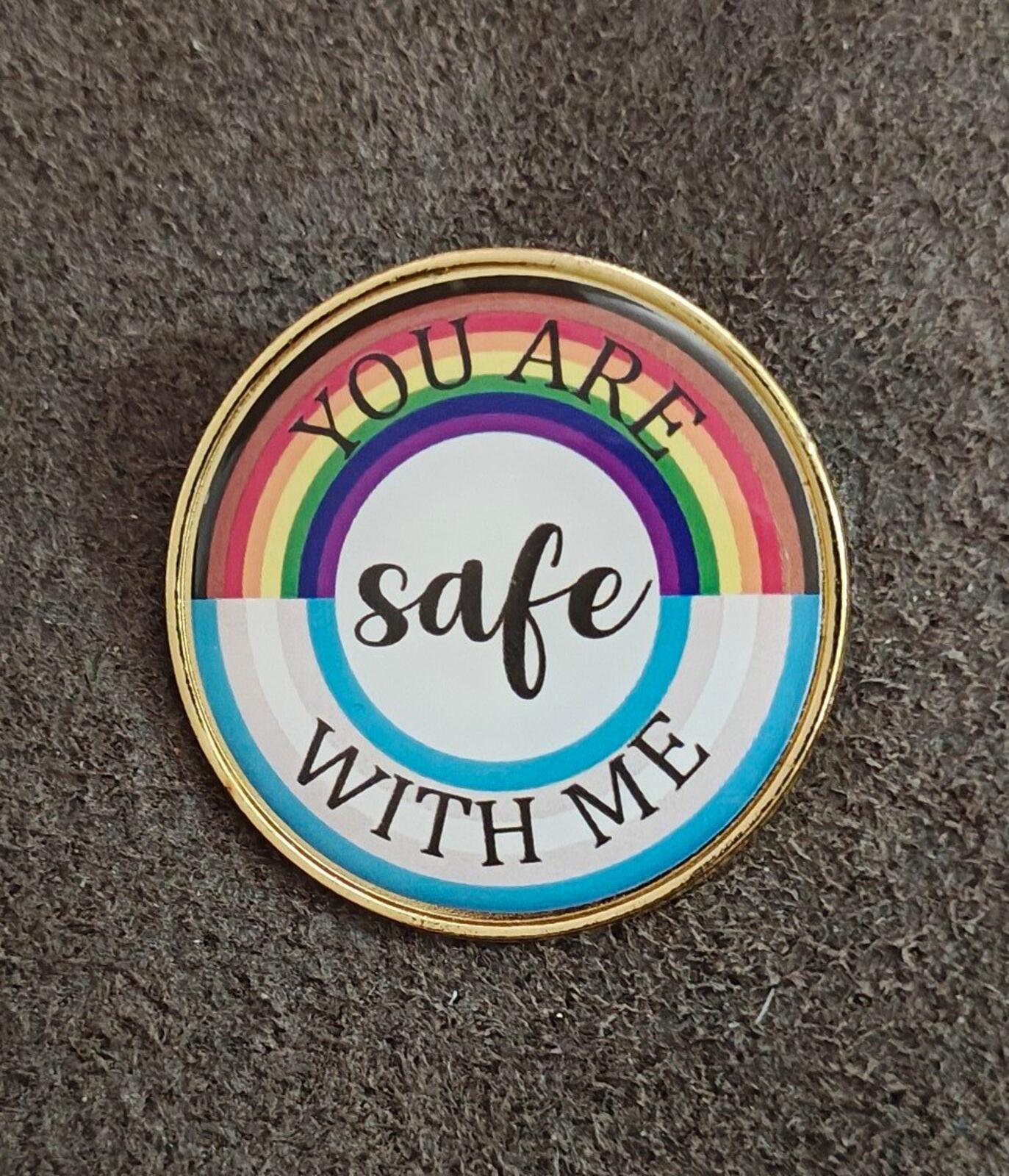 You Are Safe With Me LGBT Rainbow Pride Enamel Gold Tone Pin.
