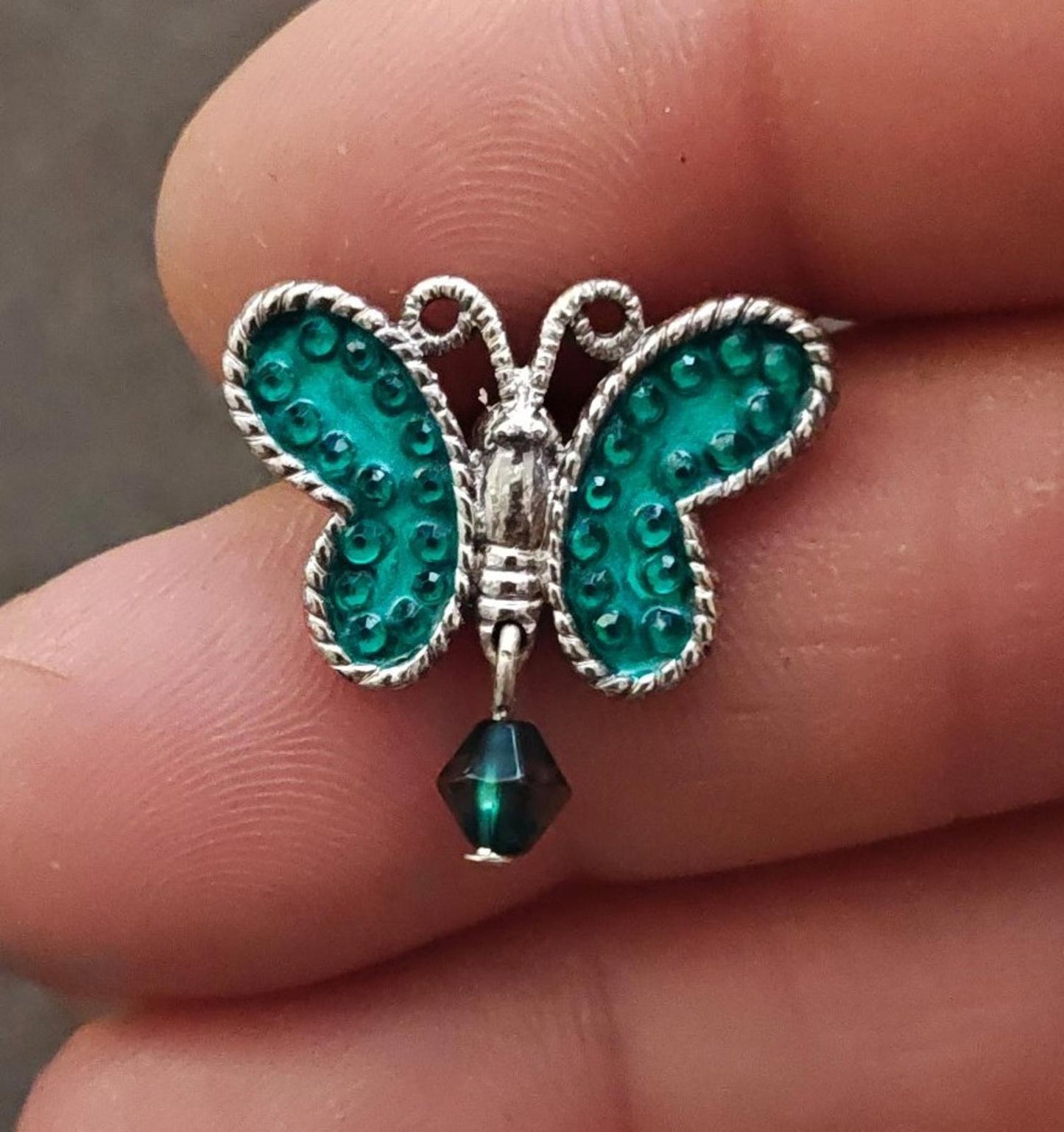 1980s Signed Avon Aqua Color Silver Tone Butterfly Dangle Pin