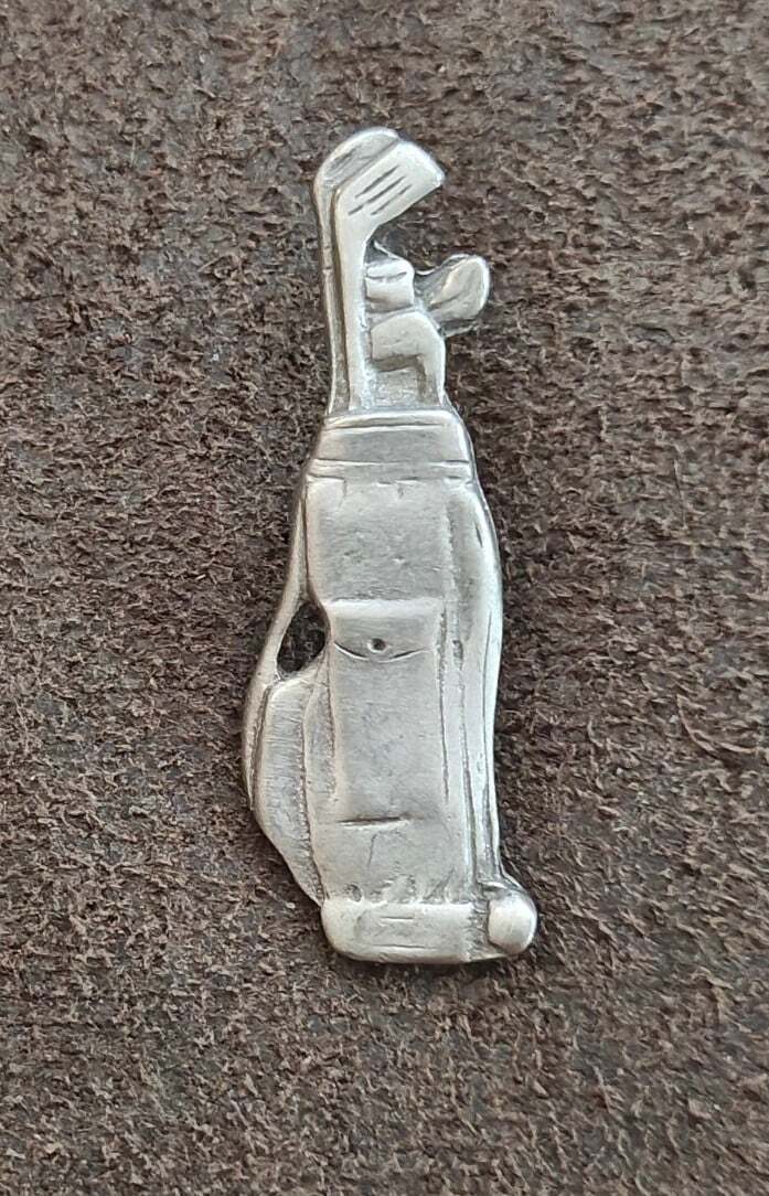 1970s Detailed Pewter Golf Clubs In Bag Brooch Pin
