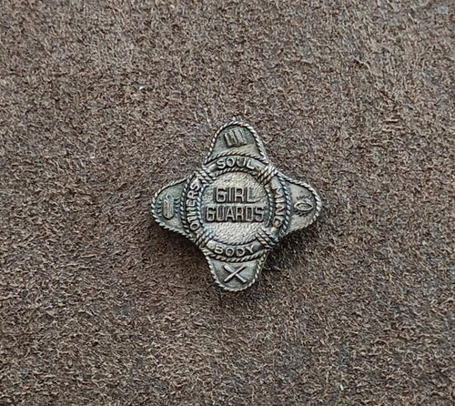 Vintage Girl Guards membership badge pin in dark silver-tone, Girl Guards and Soul text