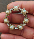 1960s Silver Tone With Faux Pearls Clear Rhinestones Circle Brooch Pin