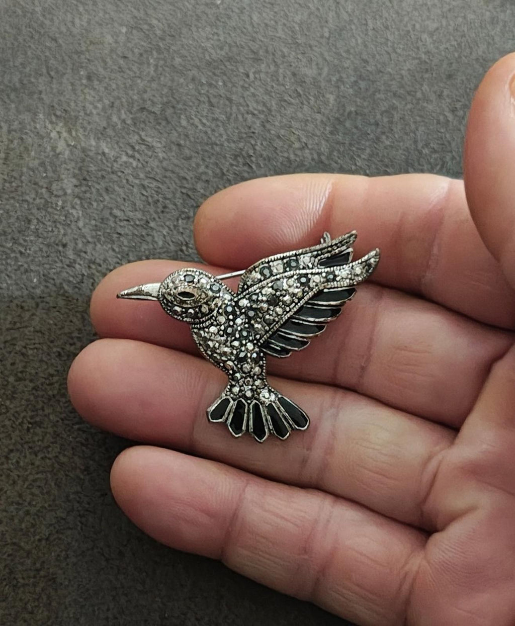 1990s Silver Tone Marcasite With Black Enamel Hummingbird Brooch Pin