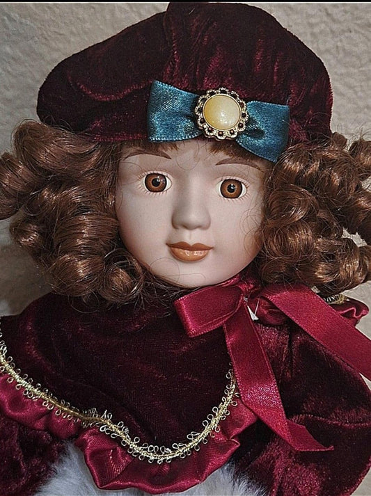 1983 Enesco Porcelain Christmas 17" Tall Doll With Cloth Body