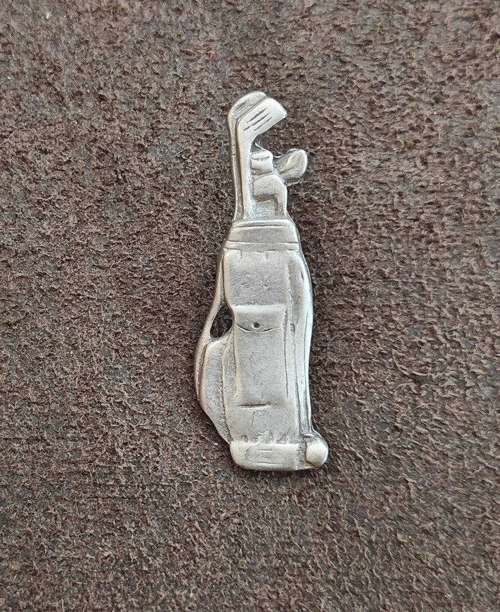 1970s Detailed Pewter Golf Clubs In Bag Brooch Pin