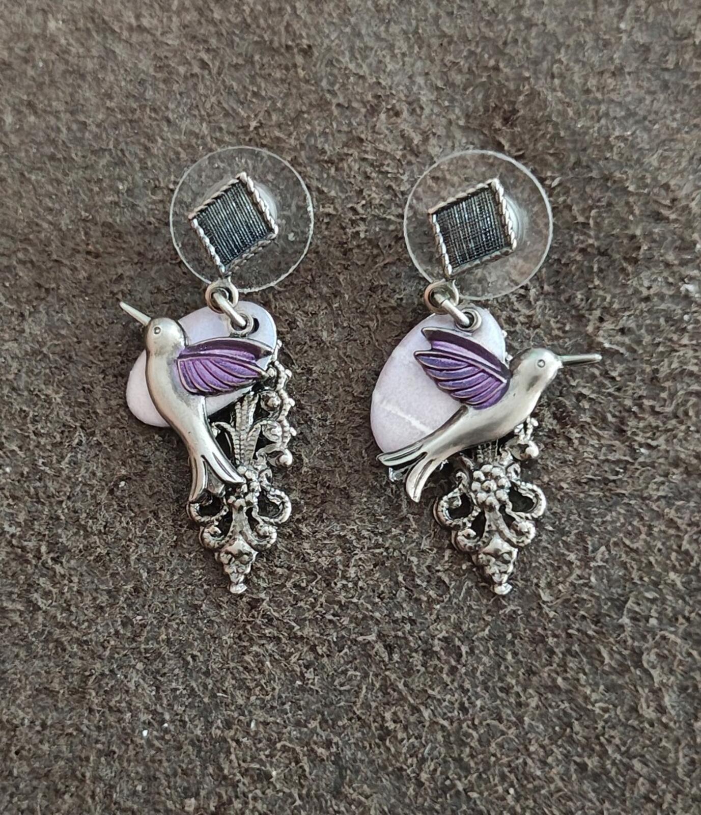 Silver Forest Silver Tone Hummingbird Purple Enamel Filigree Dangle Earrings