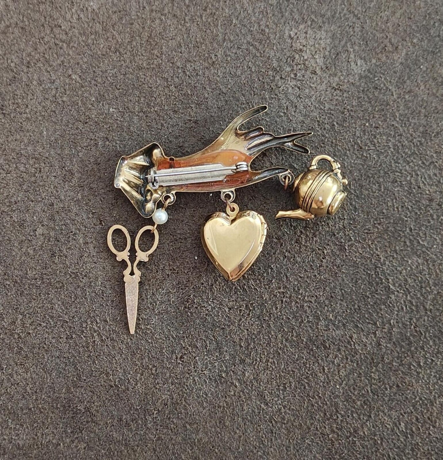 1980s/90s Victorian Style Chatelaine Inspired  Gold Tone Charm Dangle Brooch