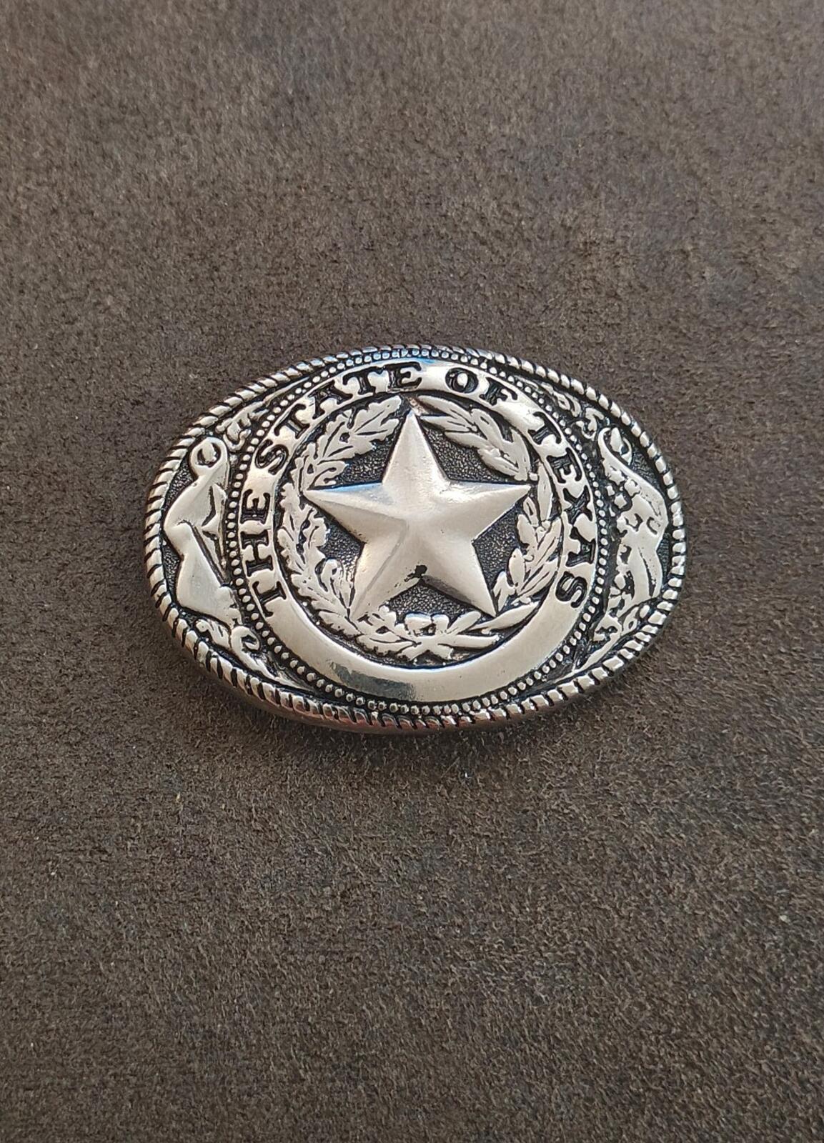 80s Silver Tone Western Style "The State of Texas" Lone Star Emblem Belt Buckle