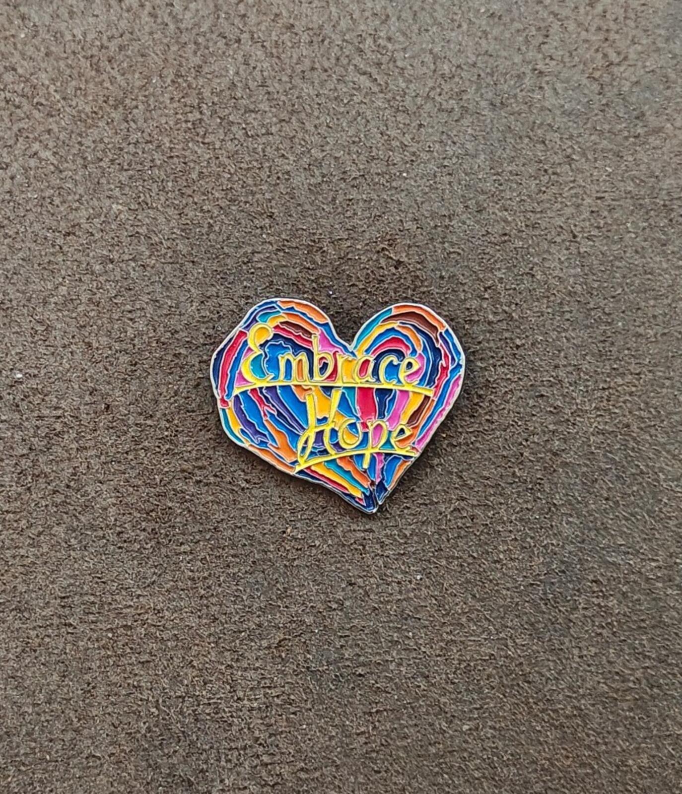 1990s Penzeys Spices Embrace Hope Rainbow Heart Enamel Pin