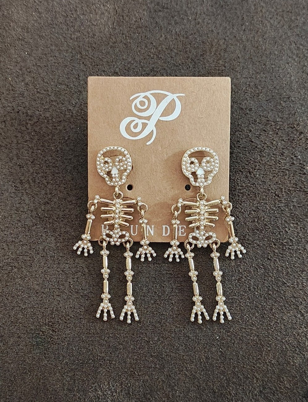 Plunder Design Halloween Pearl Skeleton Statement Gold Tone Earrings