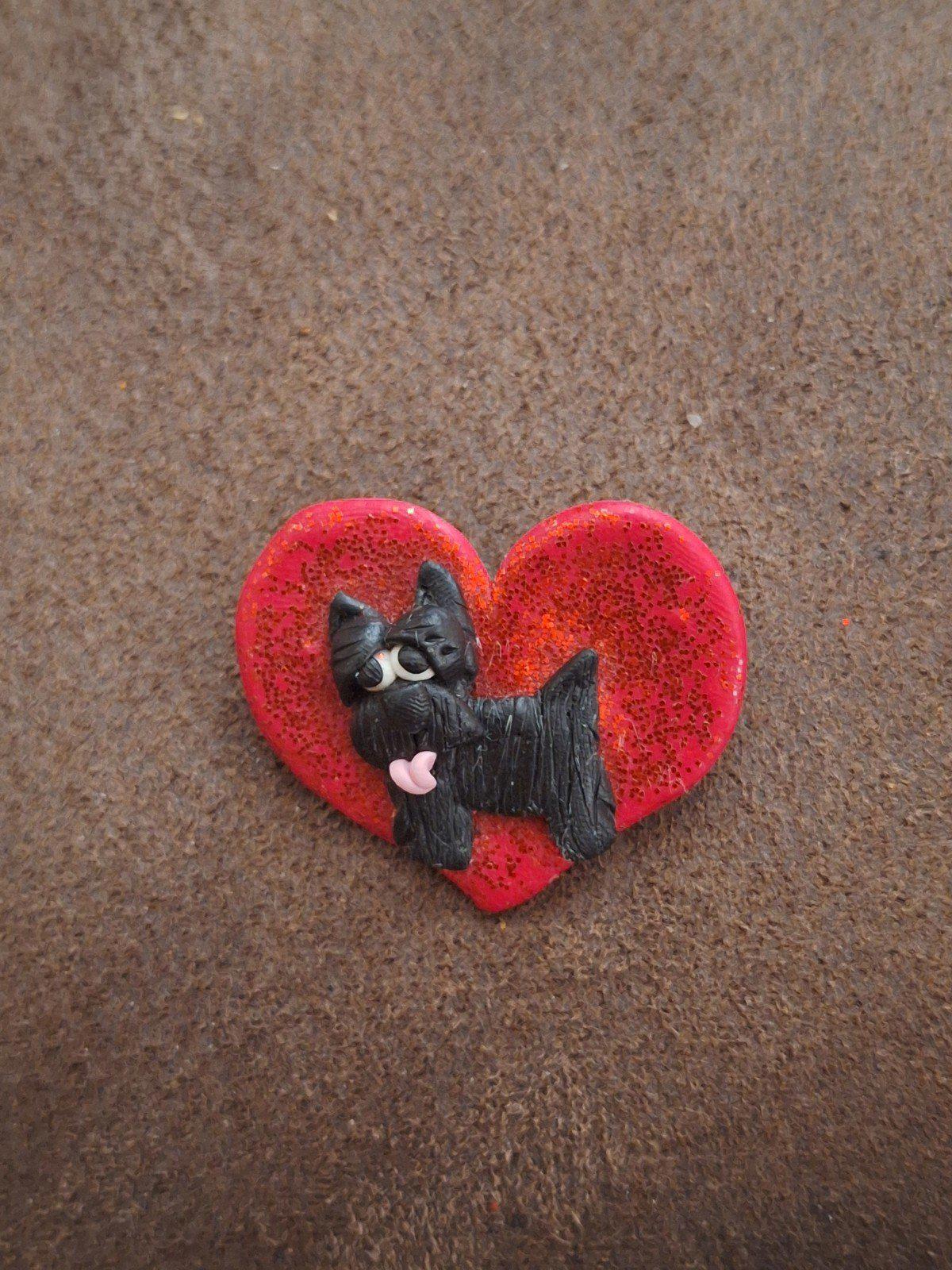 Glittery Red Heart With Black Scotty Dog With Pink Tongue Sticking Out Pin